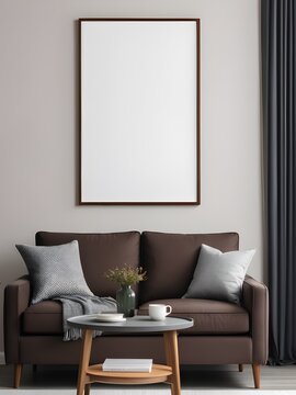 Mockup poster frame in minimalist living room interior background, interior mockup design © Hala