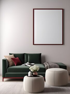 Living room wall poster frame mockup, interior mockup with house background