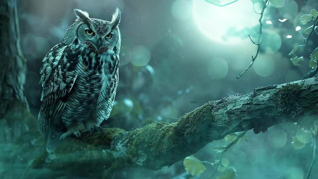 illustration of a wise owl perched on a mossy tree. seamless looping overlay 4k virtual video animation background