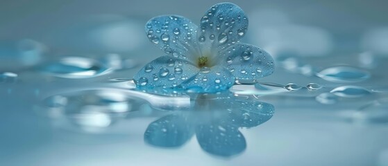 Naklejka na ściany i meble A stunning close-up image captures a blue flower on a pond's surface, adorned with droplets of water The reflection perfectly mirrors the delicate petals below