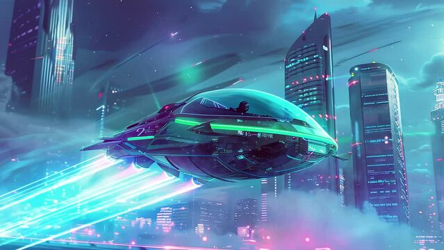 illustration of a sleek futuristic hovercraft gliding. seamless looping overlay 4k virtual video animation background