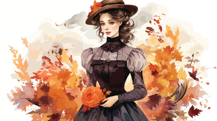 Victorian Girl Autumn Floral Watercolor Flat vector 