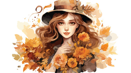 Victorian Girl Autumn Floral Watercolor Flat vector 
