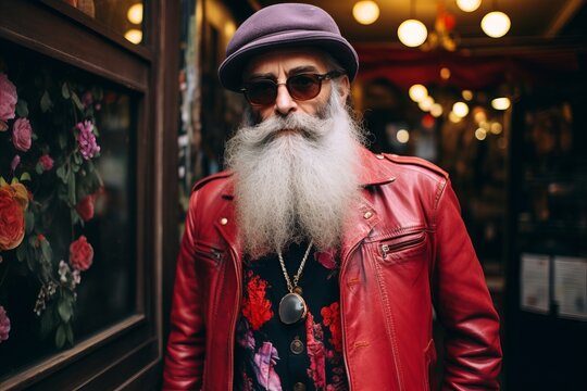Portrait of an old man with a long beard and mustache in a red leather jacket and hat on the background of a shop window