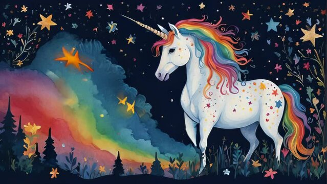 Illustration of a white unicorn galloping on a rainbow with a starry sky in the background.
