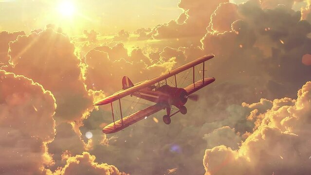 biplane flying over the clouds. illustration of a vintage biplane soaring. seamless looping overlay 4k virtual video animation background