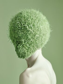 a man with face made of golfboll material, head and face looks like a golfball, short green grass on his head, Surrealistic fashion photography