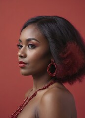 An african american dark skinned woman with red hair and red earrings. She is wearing a red necklace - 766847357