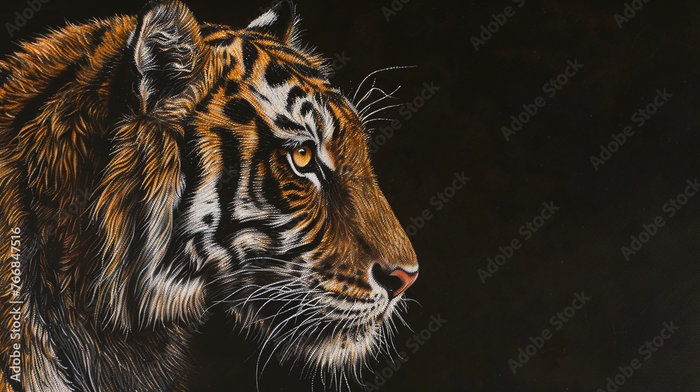 Wall mural portrait of a powerful tiger with a black background highlighting its majestic and fierce nature