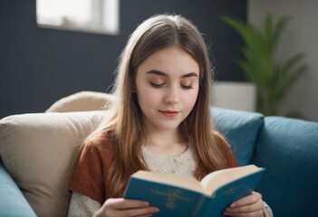 A young girl is sitting on a couch and reading a book. She has a smile on her face and she is enjoying herself
