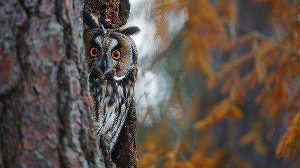 portrait of a long-eared owl with big orange eyes hidden behind a larch tree trunk