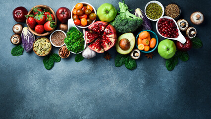 Background with fruits, vegetables, berries and mushrooms. Healthy food clean eating selection.