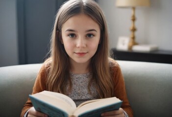A young girl is sitting on a couch and reading a book. She has a smile on her face and she is enjoying herself