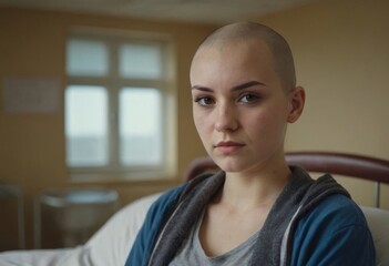 A sad upset woman with a bald head and a grey hoodie. She has a small scar on her face. Cancer concept. Hospital.