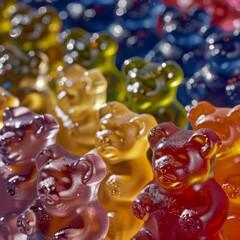 Vivid gummy bears in a rainbow of colors crowd together, their glossy shapes a feast for the eyes, up close and personal
