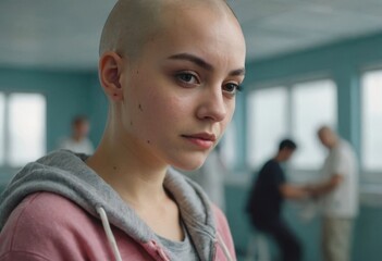 A sad upset woman with a bald head and a grey hoodie. She has a small scar on her face. Cancer concept. Hospital. - 766847797