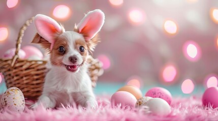 Easter joy as a cute Aussie in bunny ears poses with an egg-filled basket, light background enhancing its festive spirit
