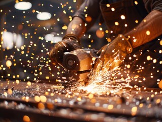 In the heart of the workshop, a craftsman uses a grinder on metal, creating a spectacular show of sparks, symbolizing hard work and precision