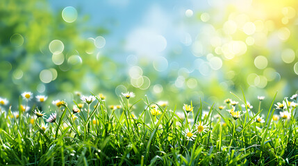 Beautiful sunny spring meadow with green grass and blue sky, abstract background with light bokeh and space for text.