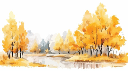 Watercolor Autumn Landscape Flat vector isolated on white - obrazy, fototapety, plakaty