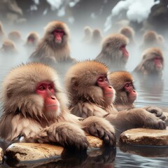 Macaques enjoying the warm waters at Jigokudani Park, Yudanaka, Nagano, Japan

