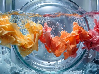 In the watery depths of a washing machine, clothes and detergent intermingle, a vibrant display of washing in action