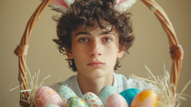 In a moment of festive spirit, a young man with bunny ears presents a basket filled with Easter's painted treasures, all on a soft beige backdrop