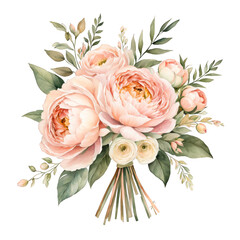 Fototapeta premium Vintage style bouquet, with rose buds, in shaded of pink and peach, watercolor illustration, floral decoration element, for scrapbook, wedding, invitation, greeting cards, cutout, wedding present