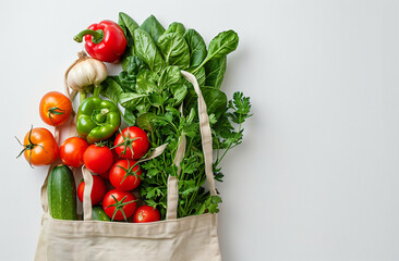 Canvas tote bag with fresh vegetables like tomatoes, bell peppers, spinach, and parsley on a white background. Eco-conscious shopping and cooking concept