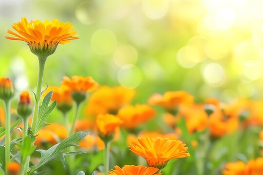 Beautiful Orange Marigold Flowers in a Green Field, With a Natural Background and Blurred Bokeh Light Effect