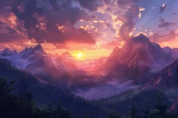 Schilderijen op glas sunrise in the mountains © Iqra