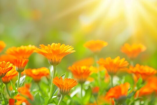 Beautiful Orange Marigold Flowers in a Green Field, With a Natural Background and Blurred Bokeh Light Effect