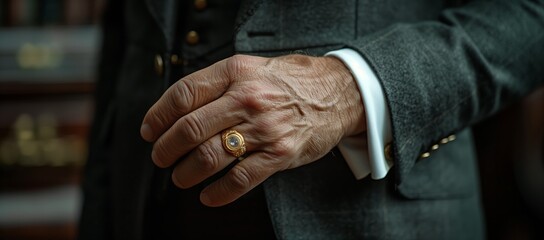 The man in the suit makes a gesture with his hand, revealing a gold ring on his finger. His sleeve covers part of the ring as he extends his thumb in an automotive exterior setting