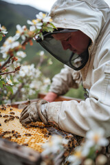 Beekeeper inspecting honeycomb frame at apiary during the springtime. Bee farming and manual labor concept