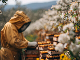 Fototapeta premium Beekeeper in protective wear working at apiary among blooming trees. Apiculture and nature concept
