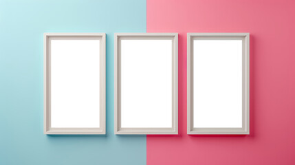 Mockup, a Three white frames with nothing in them hang on a pink and blue wall
