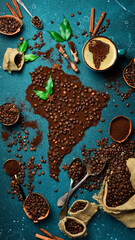 Set of coffee beans and ground coffee in the shape of a world map. Coffee from Brazil or South America.