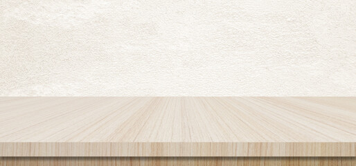 Wood table and cream wall background in kitchen, Wooden shelf, counter for food and product display in room background, Wood table top, desk surface banner, mockup, template - 766848798