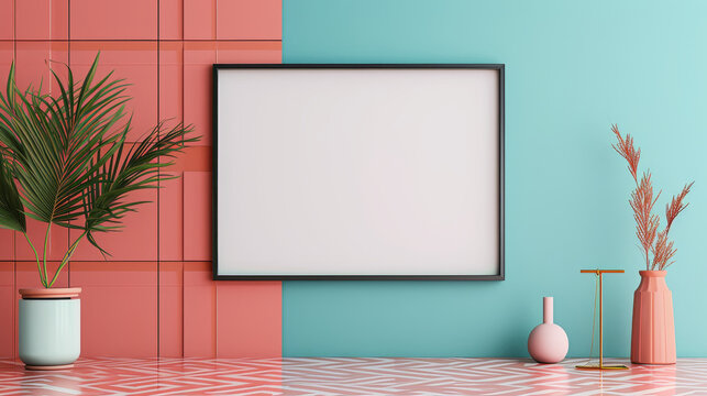 Mockup, a white framed picture sits on a table in front of a pink and blue wall