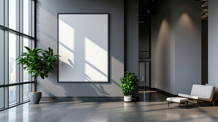 Fototapeta premium Mockup, a large white wall with a picture frame and a potted plant
