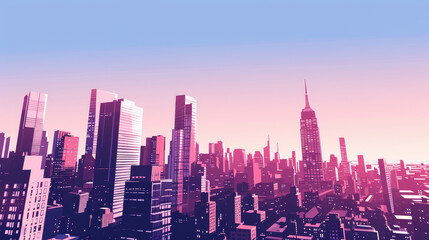 A city skyline with a pink and purple sky