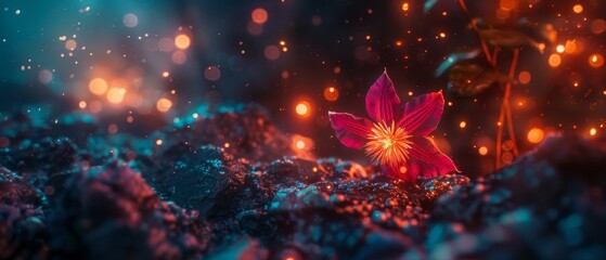   Red flower amidst green and purple grass field with brilliant background lights - obrazy, fototapety, plakaty