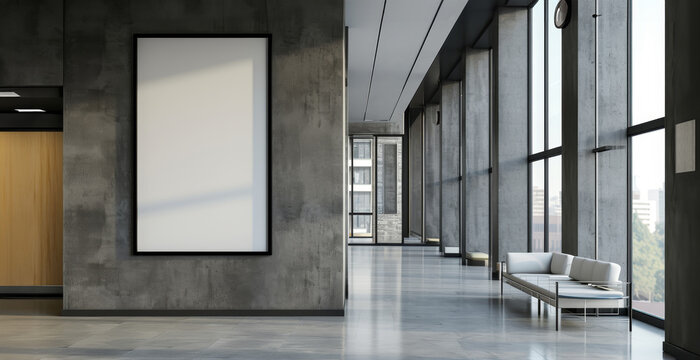 Mockup, a large empty room with a white wall and a black framed picture