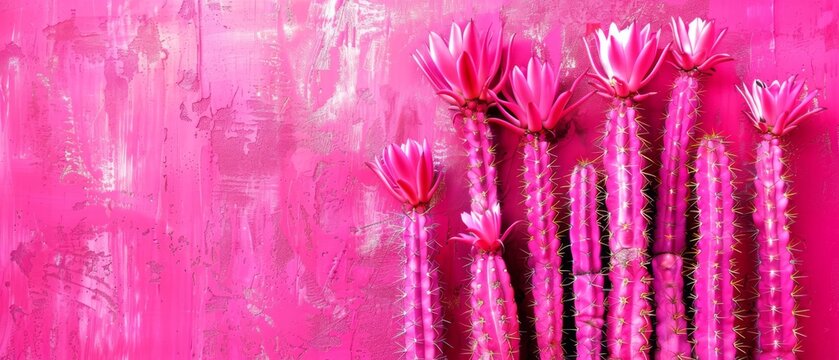  A stunning arrangement of pink cacti in front of a vibrant pink backdrop, featuring a captivating cactus painting in the background