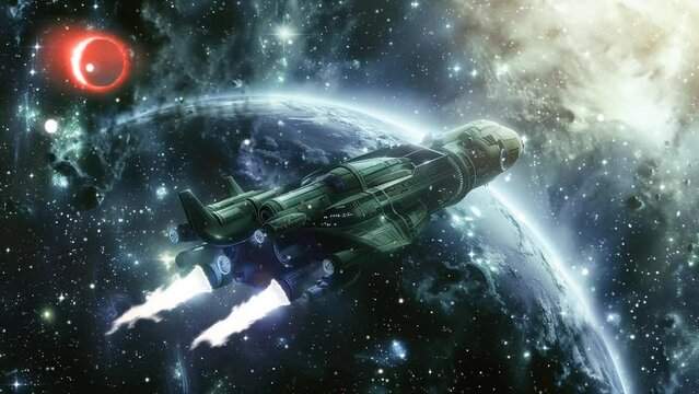 Spaceship travels into outer space  reaching the galaxy, 4k animation video background 