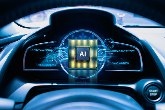 Electric cars powered by AI Artificial Intelligence processors , futuristic tone , AI Artificial Intelligence technology and automotive industrial concept