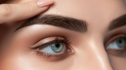 Fototapeta premium detailed closeup of a girl model with exquisite eye makeup and groomed eyebrows, showing the process of lifting the eye skin with a finger for a glamorous look