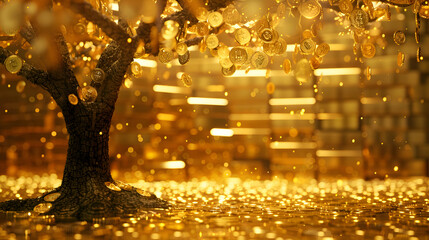 Abstract gold and money tree background. Creative wallpaper..