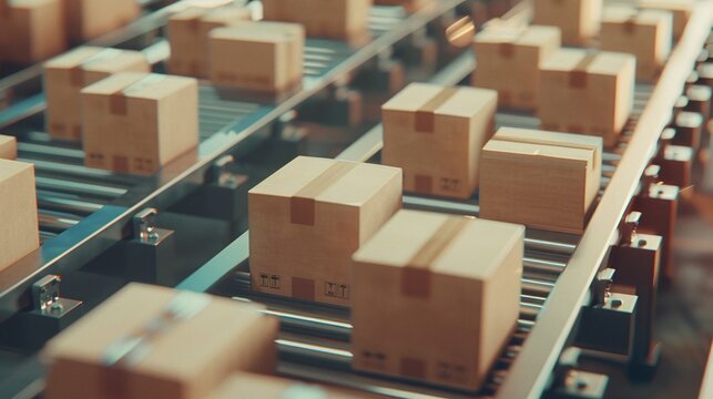 closeup view of a conveyor belt with cardboard box packages in a warehouse fulfillment center emphasizing the role of automation in e-commerce delivery and logistics