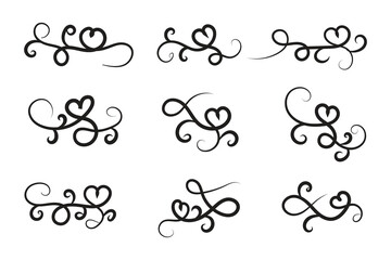 
Filigree curly Calligraphic Heart, Fancy Line Flourishes Swirls hearts, curve romantic love sign, Valentines Day divider flourish Swirl, Calligraphy Flourish lettering header hearts scroll vector